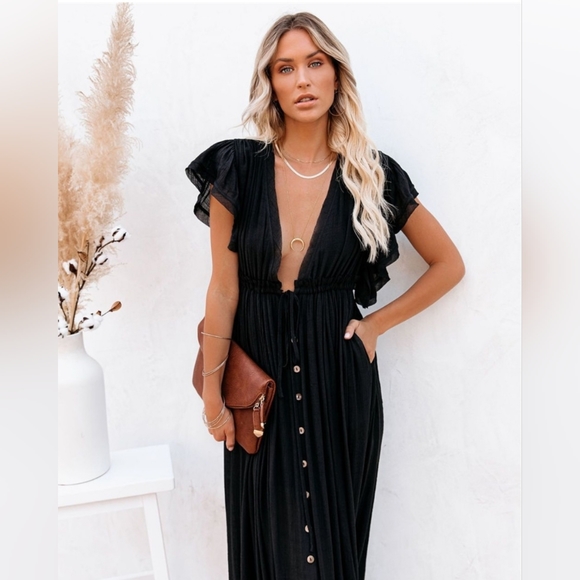 Boutique Other - New Sexy Plunge Maxi Dress Sheer Gauze Cover Up Summer Black